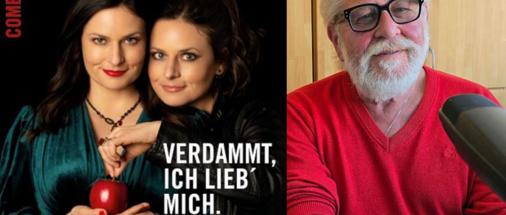 Links das Plakat von Angela Ascher zum Programm "Verdammt ich lieb mich". Rechts Sandy Wolfrum im Studio.