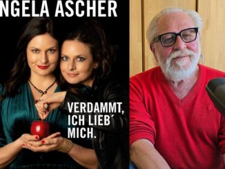 Links das Plakat von Angela Ascher zum Programm "Verdammt ich lieb mich". Rechts Sandy Wolfrum im Studio.