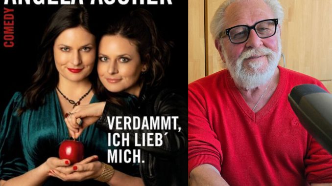 Angela Ascher und Sandy Wolfrum Links das Plakat von Angela Ascher zum Programm "Verdammt ich lieb mich". Rechts Sandy Wolfrum im Studio.
