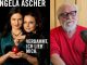 Links das Plakat von Angela Ascher zum Programm "Verdammt ich lieb mich". Rechts Sandy Wolfrum im Studio.